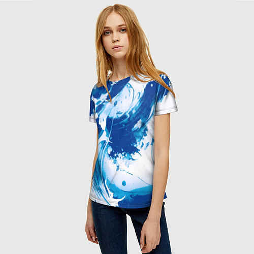 Женская футболка Бело-синий абстракция морская волна / 3D-принт – фото 3