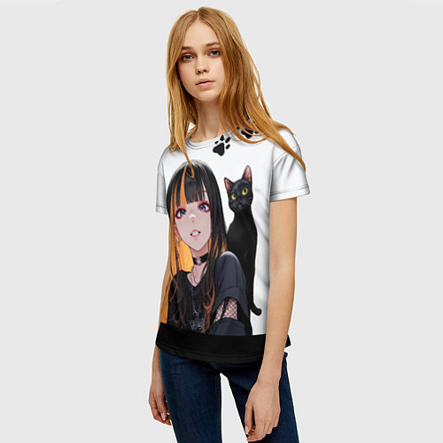 Женская футболка Девушка и кот / 3D-принт – фото 3