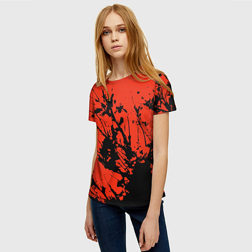Женская футболка Взрыв чёрной краски на красно-оранжевом / 3D-принт – фото 3