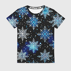 Футболка женская Стилизованный чёрно-синий со снежинками, цвет: 3D-принт