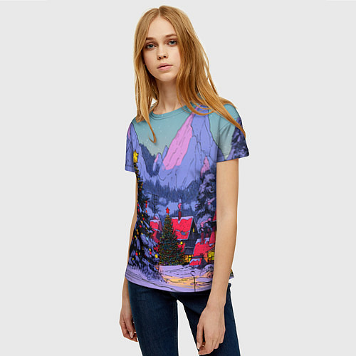 Женская футболка Новогодние елки в горном городке / 3D-принт – фото 3