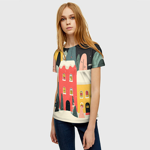 Женская футболка Разноцветные новогодние дома / 3D-принт – фото 3