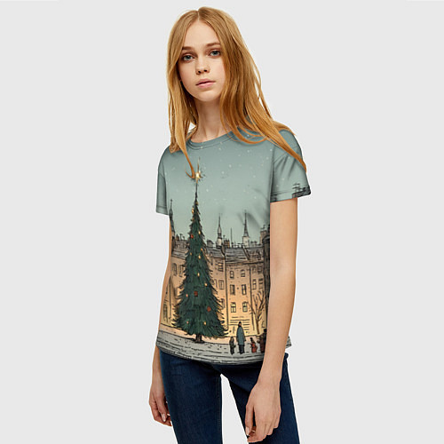 Женская футболка Новогодняя елка во дворе / 3D-принт – фото 3