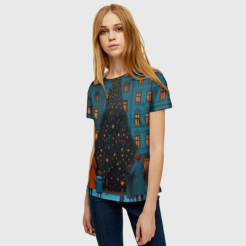 Женская футболка Люди встречают новый год во дворе / 3D-принт – фото 3