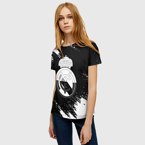 Женская футболка Реал Мадрид черно белые краски / 3D-принт – фото 3