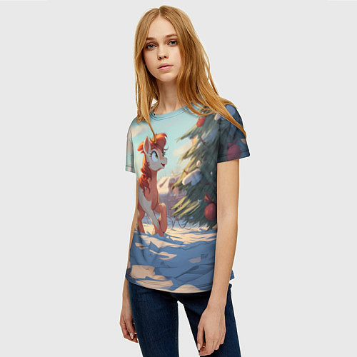 Женская футболка Лошадка любуется елкой / 3D-принт – фото 3