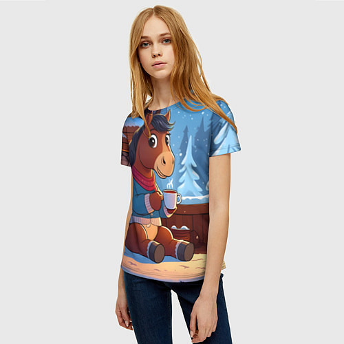 Женская футболка Лошадка у камина / 3D-принт – фото 3