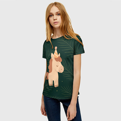 Женская футболка Милая лошадка с колпаком / 3D-принт – фото 3