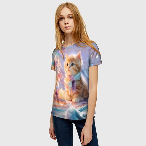 Женская футболка Маленький котенок встречает Новый год / 3D-принт – фото 3