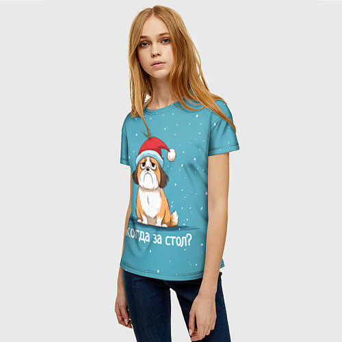 Женская футболка Когда за стол - новогодняя собачка / 3D-принт – фото 3