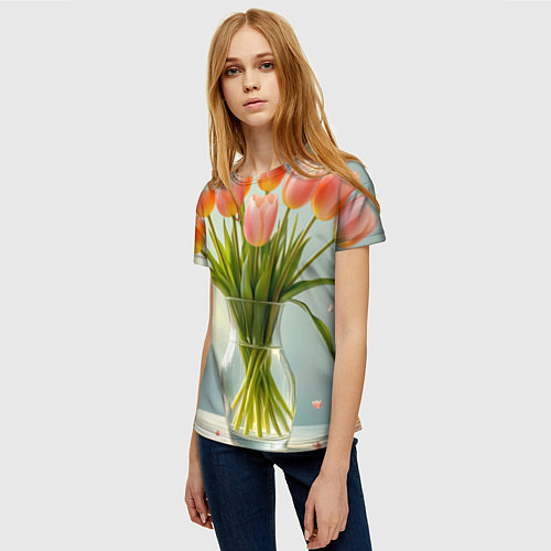 Женская футболка Нежно-розовые тюльпаны в лучах весны / 3D-принт – фото 3