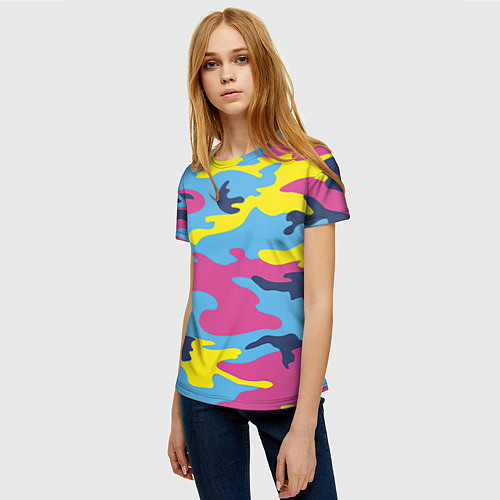 Женская футболка Камуфляж: голубой/розовый/желтый / 3D-принт – фото 3