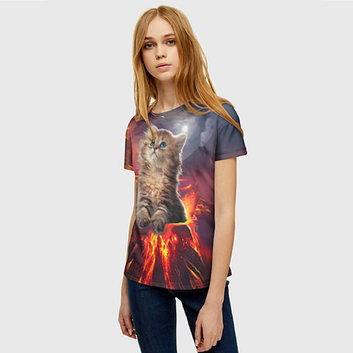 Женская футболка Кот на вулкане / 3D-принт – фото 3