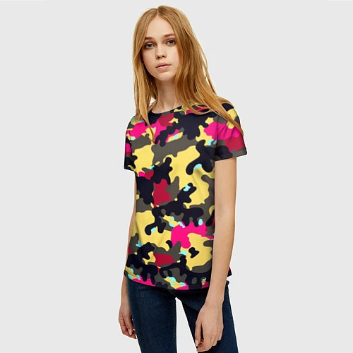 Женская футболка Камуфляж: желтый/черный/розовый / 3D-принт – фото 3