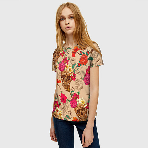 Женская футболка Черепа в цветах / 3D-принт – фото 3