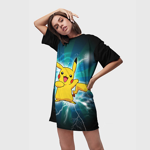 Женская длинная футболка Искрящийся Пикачу / 3D-принт – фото 3