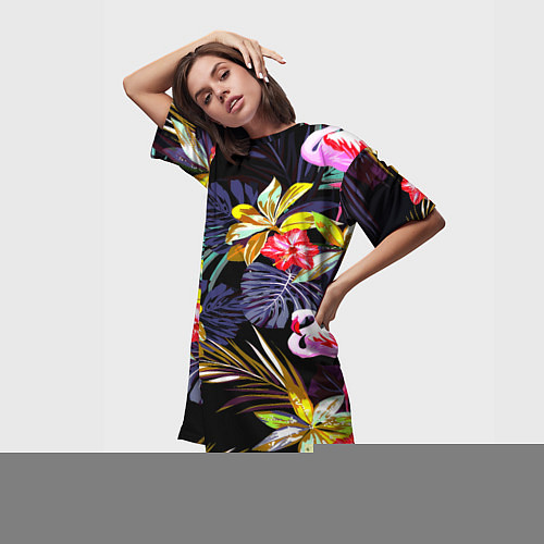 Женская длинная футболка Тропический фламинго / 3D-принт – фото 3