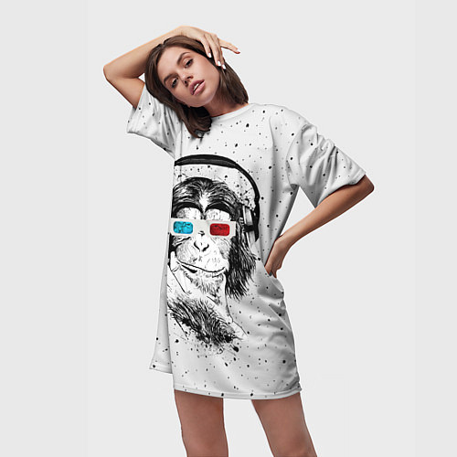 Женская длинная футболка Обезьяна в наушниках / 3D-принт – фото 3
