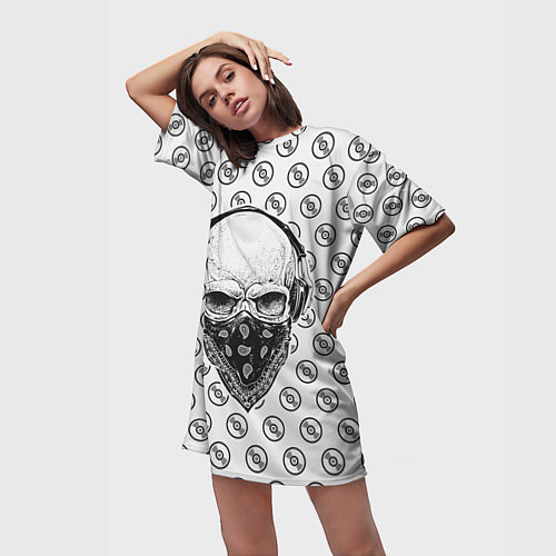 Женская длинная футболка Череп в наушниках / 3D-принт – фото 3