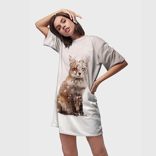 Женская длинная футболка Снежная лисица / 3D-принт – фото 3