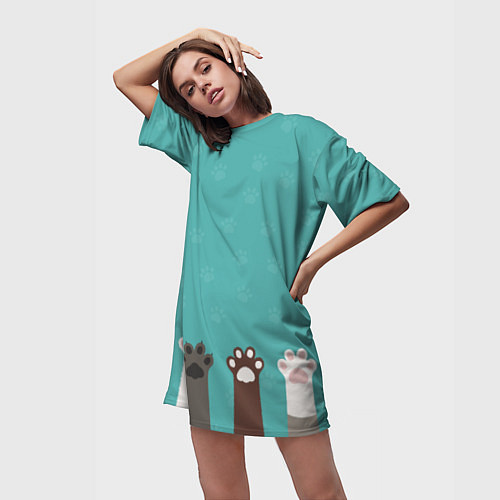 Женская длинная футболка Лапки котеек / 3D-принт – фото 3
