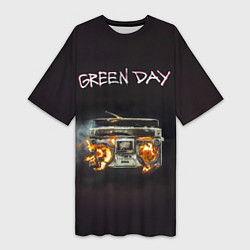 Футболка женская длинная Green Day магнитофон в огне, цвет: 3D-принт