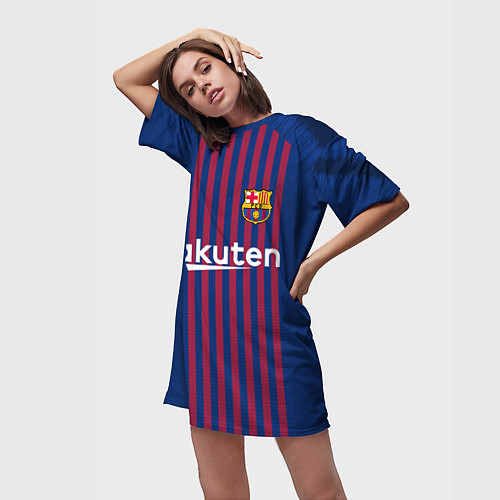 Женская длинная футболка FC Barcelona: Messi Home 18/19 / 3D-принт – фото 3