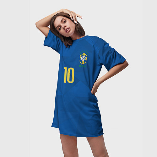 Женская длинная футболка Сборная Бразилии: Неймар ЧМ-2018 гостевая / 3D-принт – фото 3