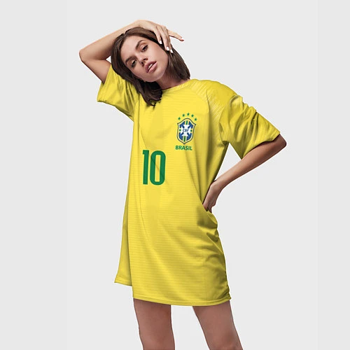 Женская длинная футболка Сборная Бразилии: Неймар ЧМ-2018 домашняя / 3D-принт – фото 3