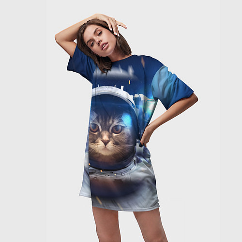 Женская длинная футболка Кот-космонавт / 3D-принт – фото 3