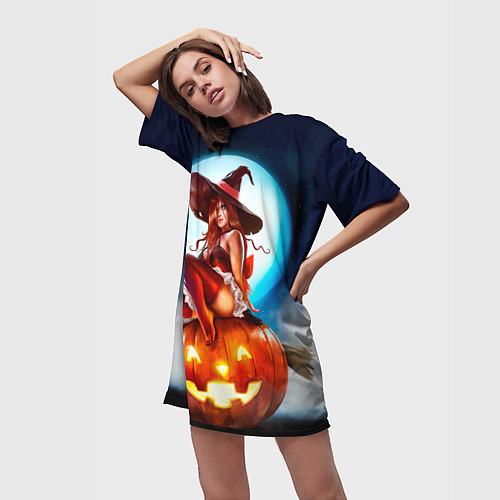 Женская длинная футболка Ведьма на тыкве / 3D-принт – фото 3