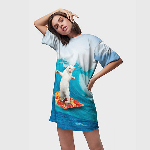 Женская длинная футболка Кот-серфер / 3D-принт – фото 3
