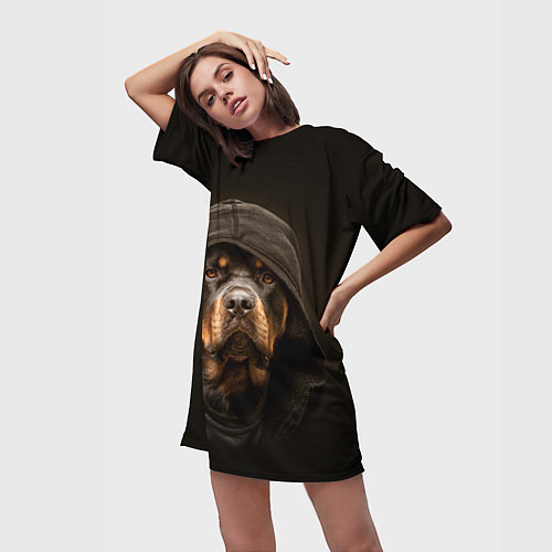 Женская длинная футболка Ротвейлер в капюшоне / 3D-принт – фото 3