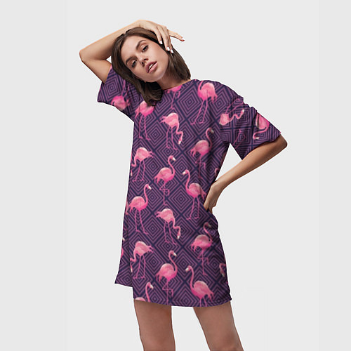 Женская длинная футболка Фиолетовые фламинго / 3D-принт – фото 3