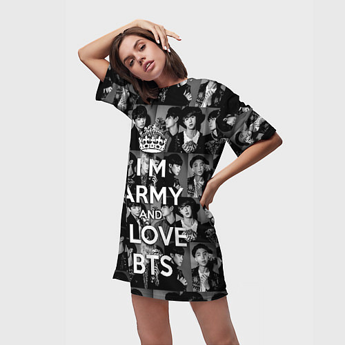 Женская длинная футболка I am army and I lover BTS / 3D-принт – фото 3