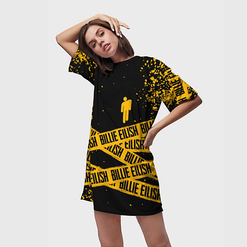 Женская длинная футболка BILLIE EILISH: Yellow & Black Tape / 3D-принт – фото 3