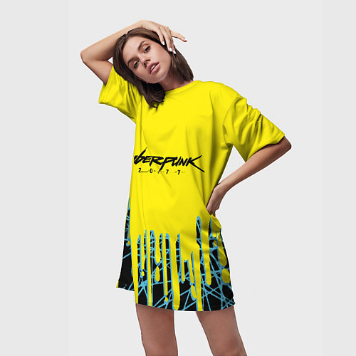 Женская длинная футболка Cyberpunk 2077: Yellow Style / 3D-принт – фото 3