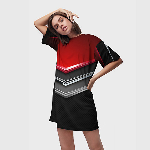 Женская длинная футболка Металлические уголки-стрелки серебристые с красной / 3D-принт – фото 3