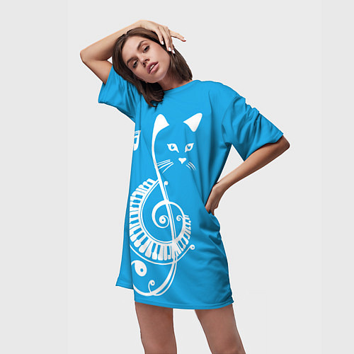 Женская длинная футболка Котик Меломан голубой / 3D-принт – фото 3