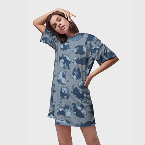 Женская длинная футболка Камуфляж с котиками серо-голубой / 3D-принт – фото 3