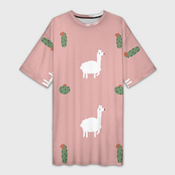 Женская длинная футболка Лама и кактусы