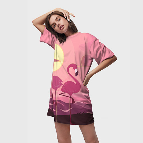 Женская длинная футболка Фламинго / 3D-принт – фото 3