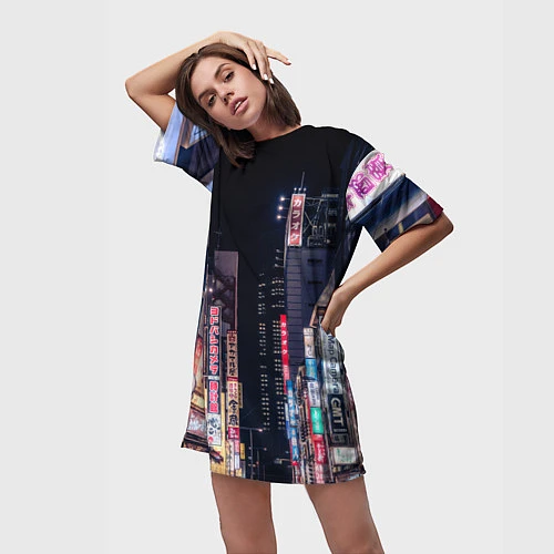Женская длинная футболка Ночной Токио / 3D-принт – фото 3
