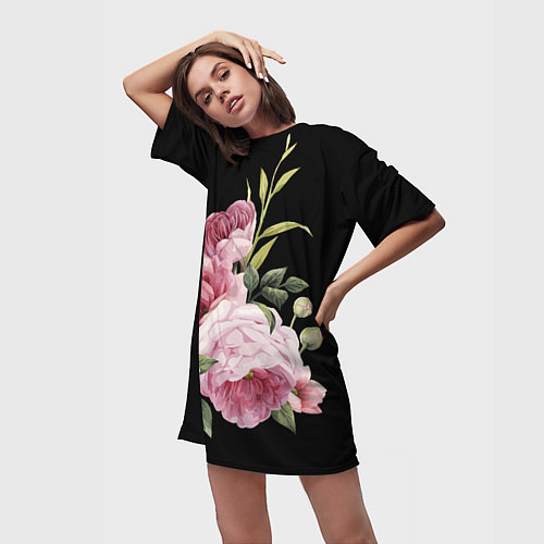 Женская длинная футболка Пионы на чёрном / 3D-принт – фото 3