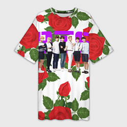 Футболка женская длинная BTS Roses White, цвет: 3D-принт