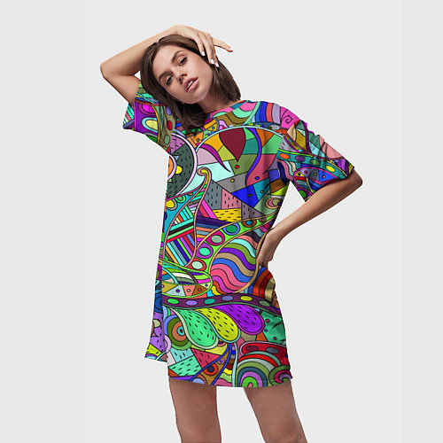 Женская длинная футболка Дудлы узор разноцветный хиппи / 3D-принт – фото 3