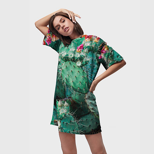 Женская длинная футболка Кактусы с цветами реализм / 3D-принт – фото 3
