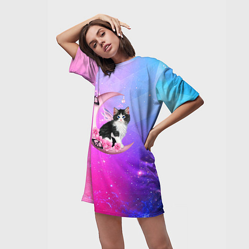 Женская длинная футболка Котик На Луне / 3D-принт – фото 3