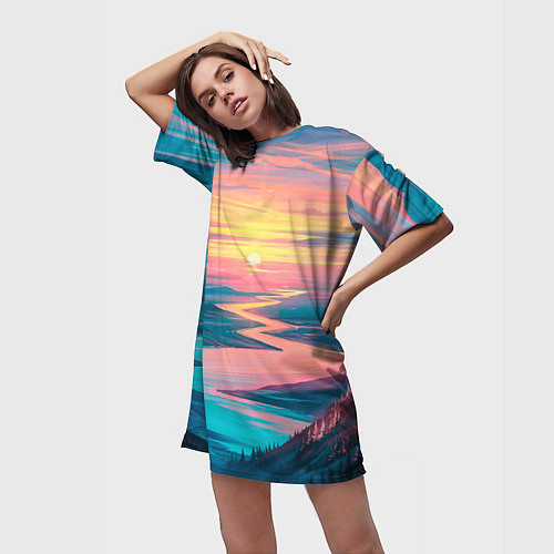 Женская длинная футболка Извилистая река закат природа / 3D-принт – фото 3