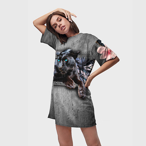 Женская длинная футболка Пантера и цветы / 3D-принт – фото 3